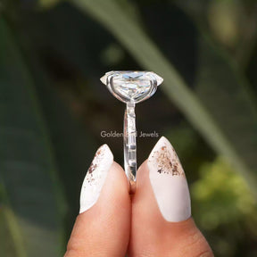[Side view of oval cut moissanite ring made of 14k white gold]-[Golden Bird Jewels]