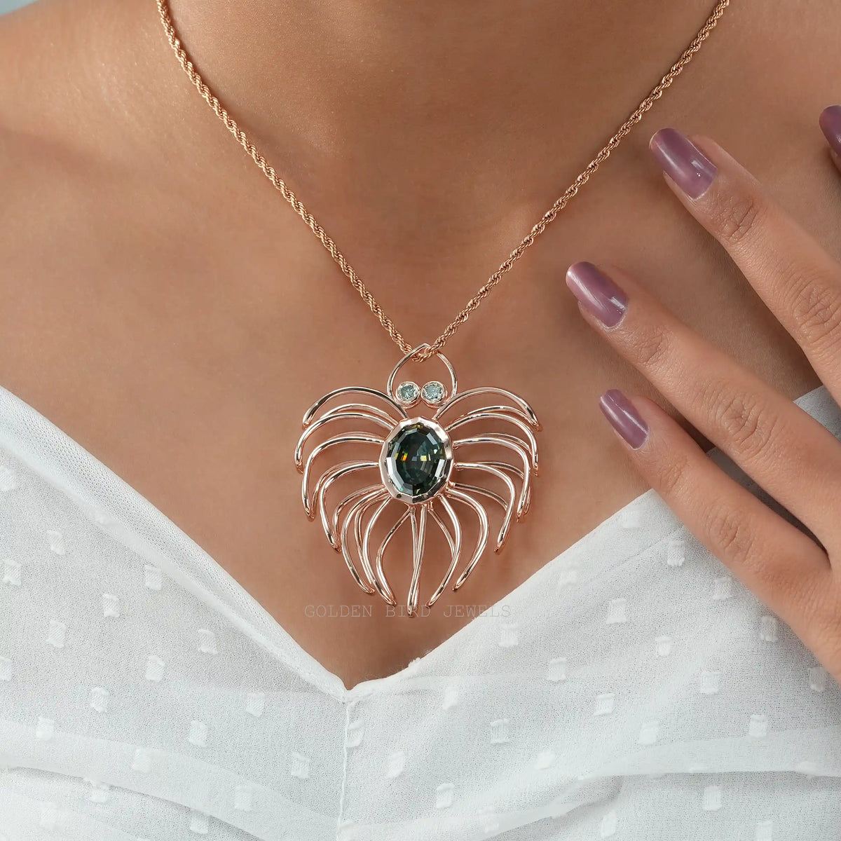 [In neck front view of moissanite oval cut spider pendant]-[Golden Bird Jewels]