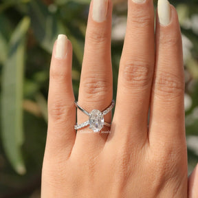 [In finger front view of crushed ice oval cut moissanite ring]-[Golden Bird Jewels]