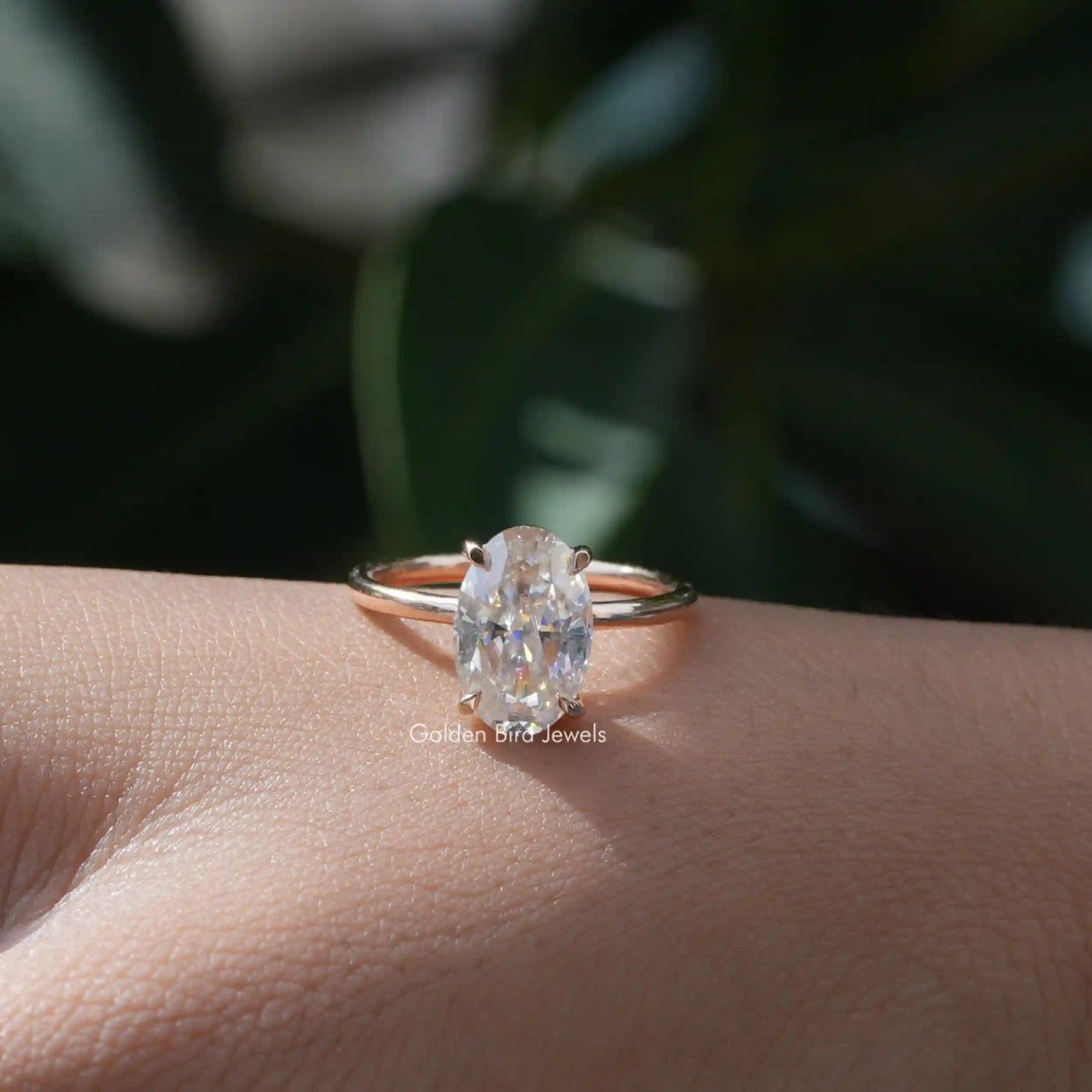 [Yellow Gold Oval Cut Moissanite Solitaire Ring]-[Golden Bird Jewels]