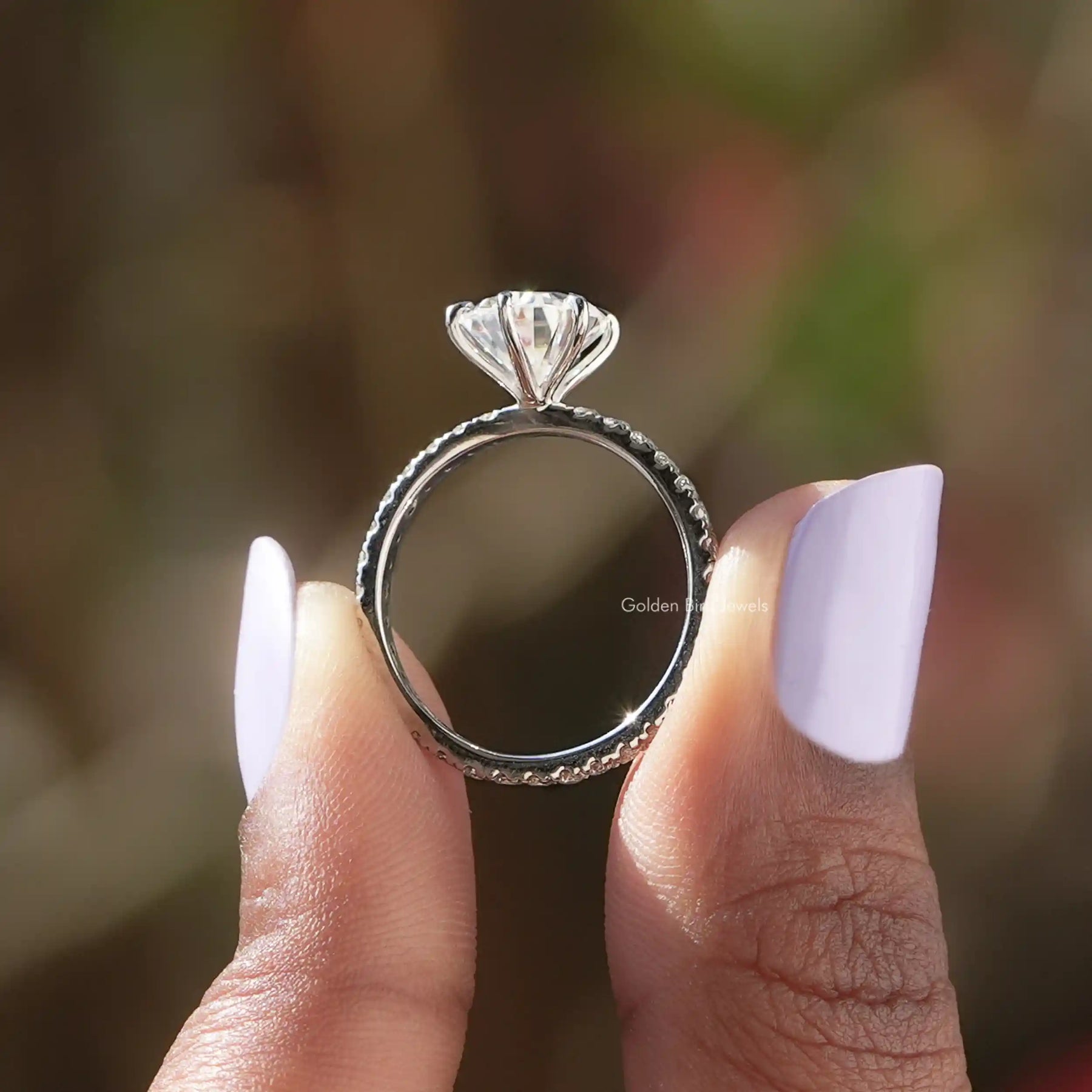 [Moissanite pear cut accent stone ring made of round cut side stones]-[Golden Bird Jewels]