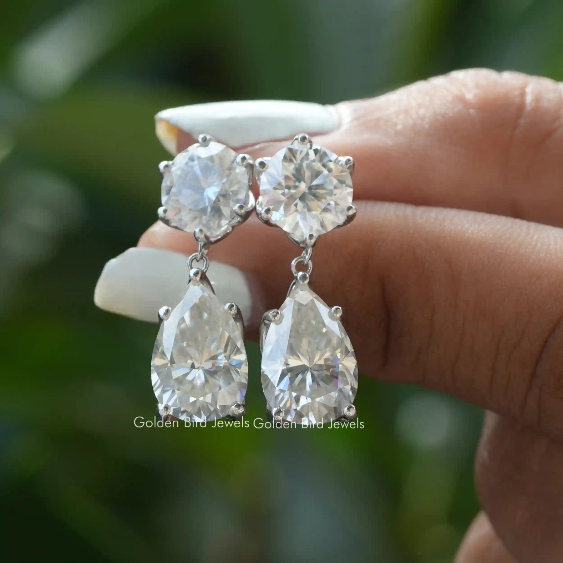 [This earrings made of pear and round cut stones in 14k white gold]-[Golden Bird Jewels]