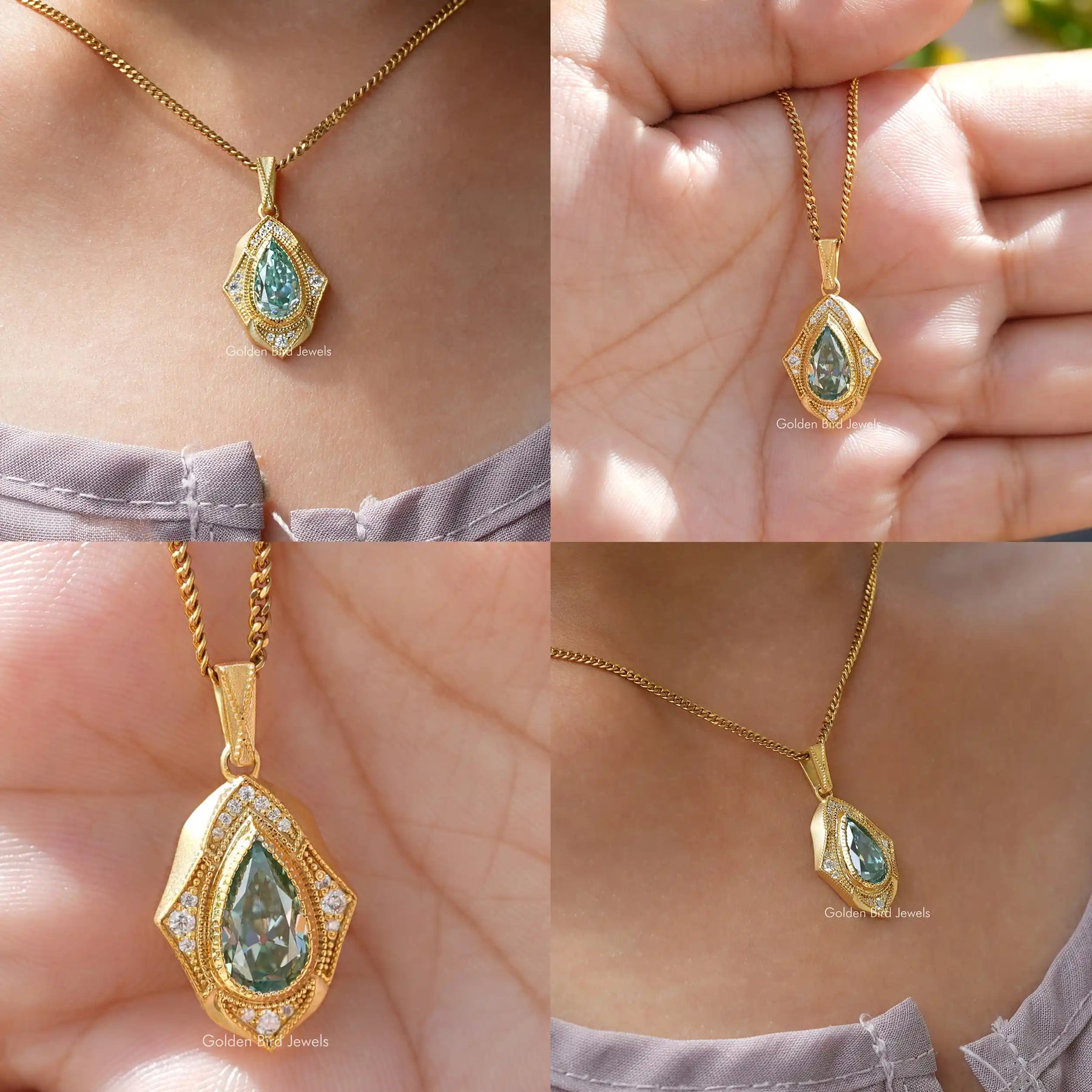 [Collage of moissanite pear cut moissanite pendant]-[Golden Bird Jewels]