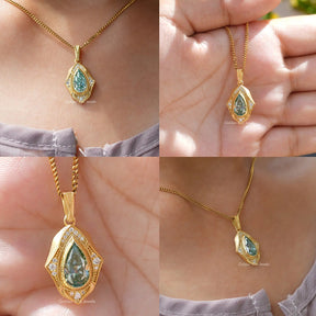 Front back side and close view of pear halo moissanite pendant 