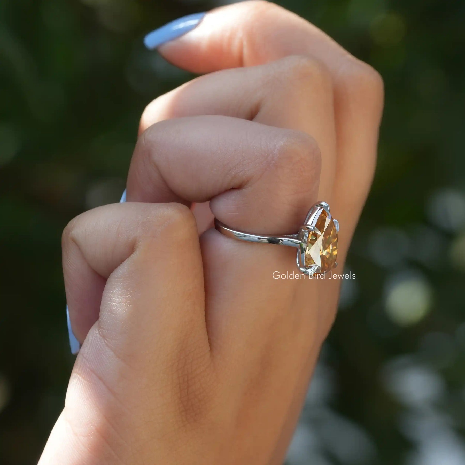 [Moissanite Pear Cut Solitaiire Engagement Ring In 14k Yellow Gold]-[Golden Bird  Jewels]