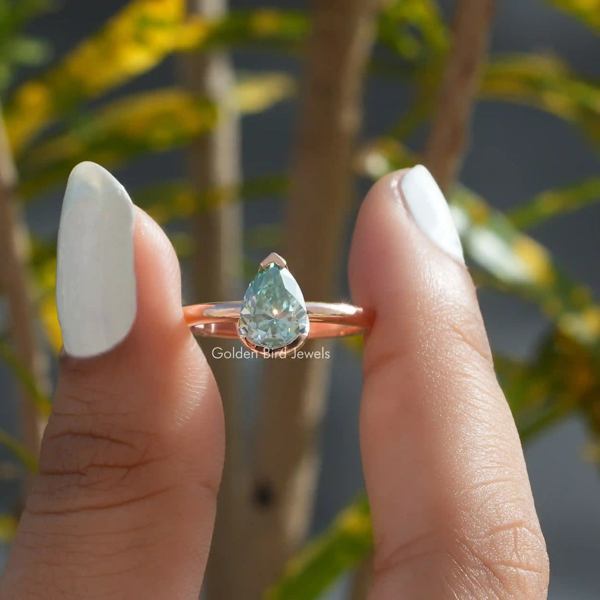 [Moissanite pear cut v prong setting solitaire ring]-[Golden Bird Jewels]