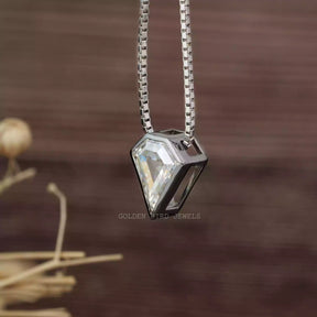 [Side view of colorless pentagon cut pendant set in bezel setting]-[Golden Bird Jewels]