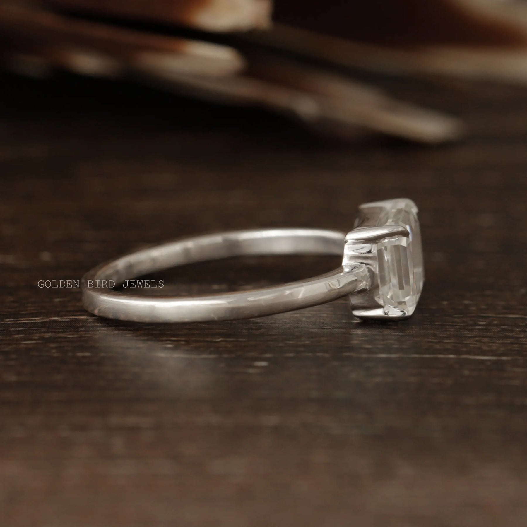 [Side view of portrait cut radiant moissanite ring]-[Golden Bird Jewels]