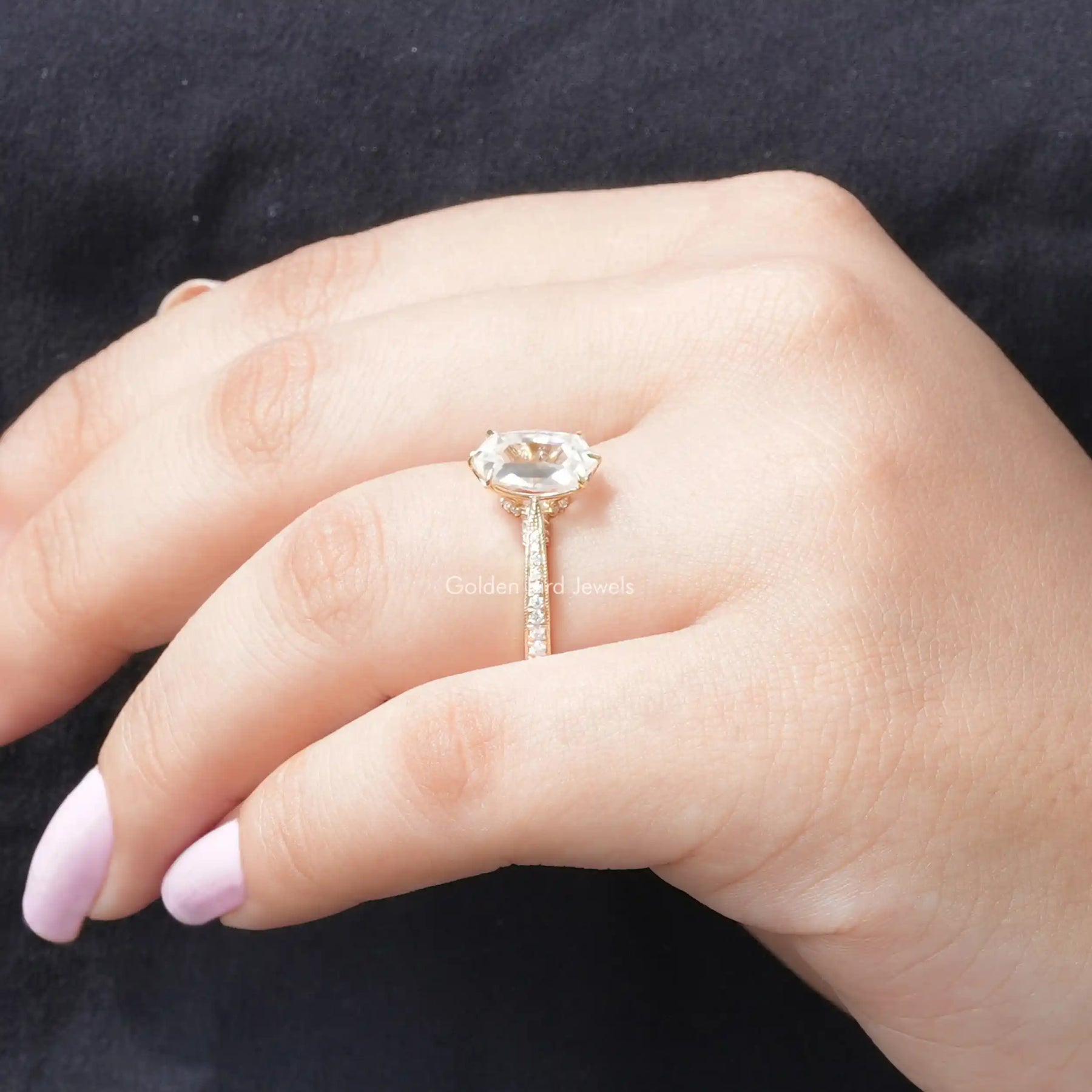 [In finger side view of round and portrait hexagon cut ring made of vvs clarity]-[Golden Bird Jewels]