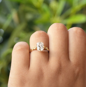 [In finger front view of old mine radiant cut moissanite engagement ring crafted with prong setting]-[Golden Bird Jewels]