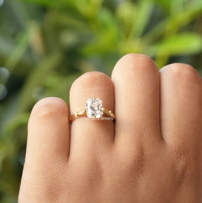 [In finger front view of old mine radiant cut moissanite engagement ring crafted with prong setting]-[Golden Bird Jewels]