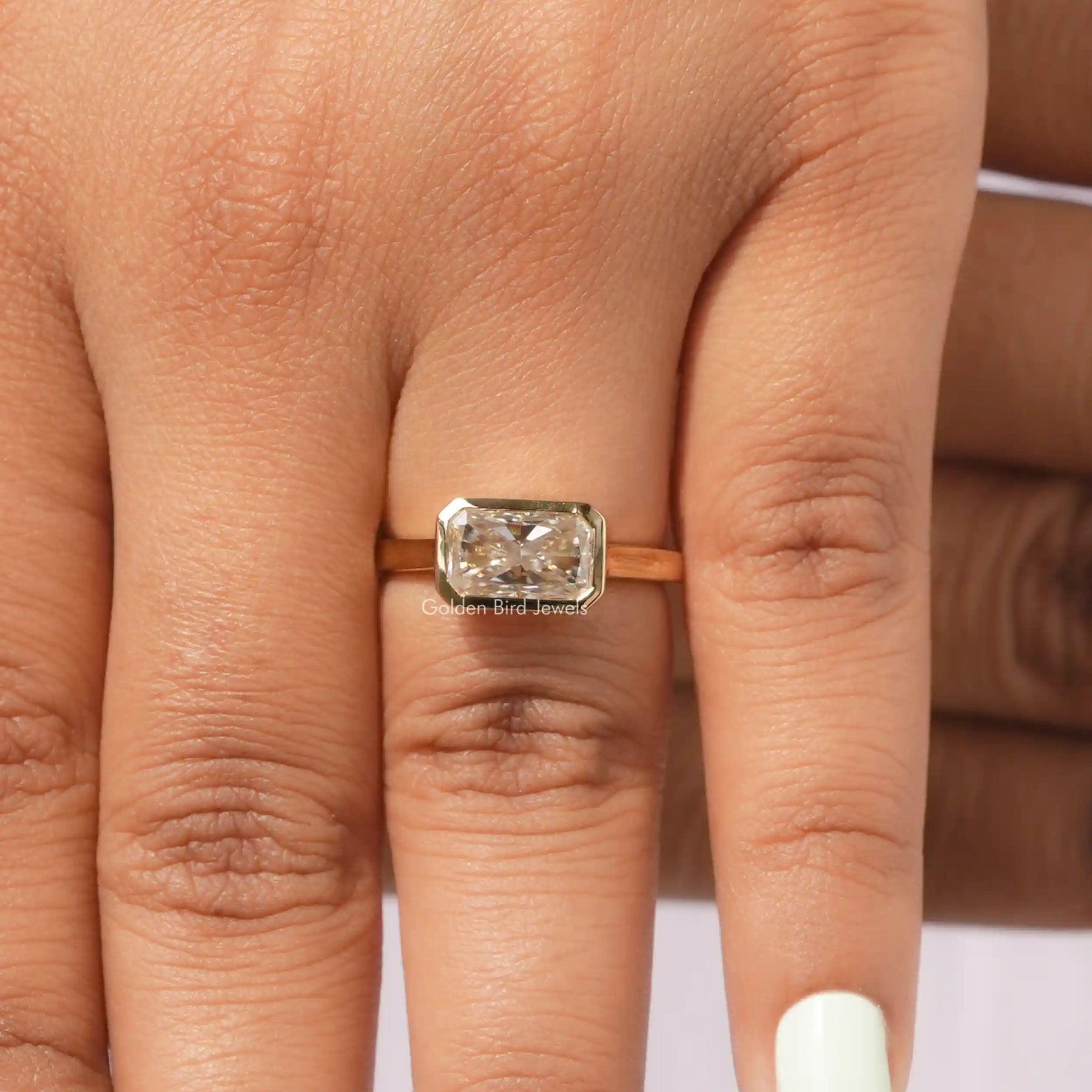 [East West Moissanite Radiant Cut Engagement Ring]-[Golden Bird Jewels]