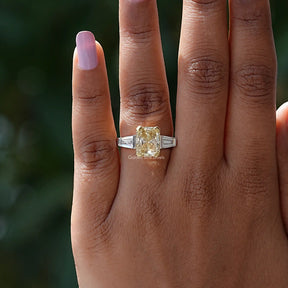 Detailed View Of Moissanite Radiant Cut Three Stone Ring In White Gold