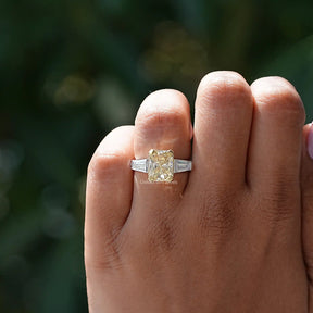 View of Radiant Cut Moissanite Three Stone Ring In finger