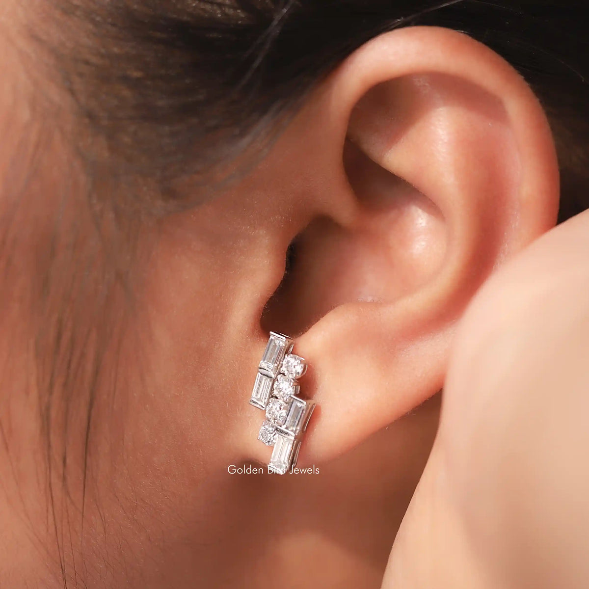 Moissanite Round And Baguette Stud Earrings