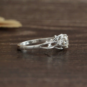 [Side view of moissanite round cut anniversary ring crafted with 14k white gold]-[Golden Bird Jewels]