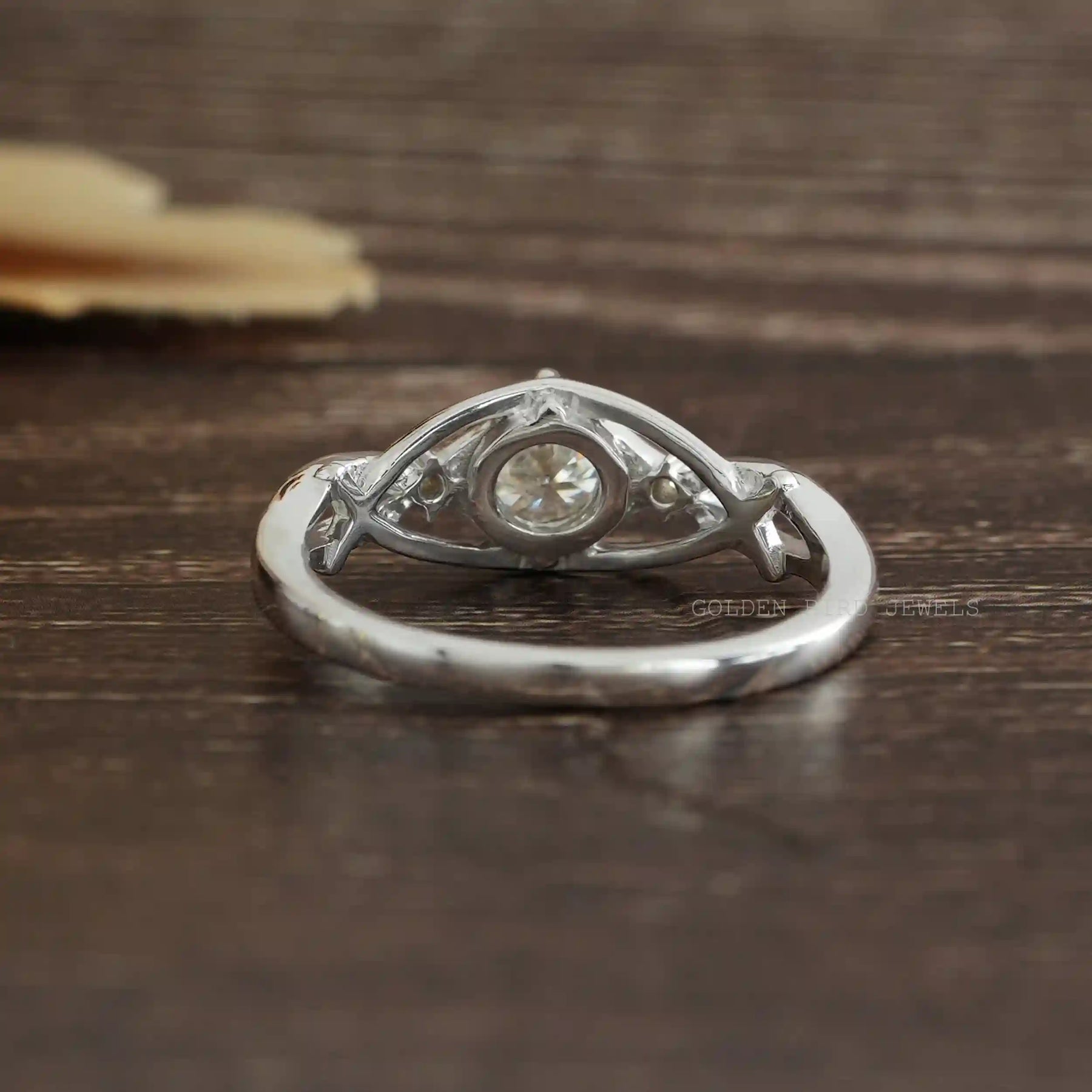 [Back view of moissanite round cut anniversary ring]-[Golden Bird Jewels]