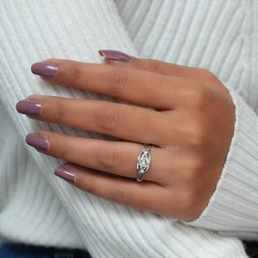 [In finger front view of moissanite round cut anniversary ring crafted with white gold]-[Golden Bird Jewels]