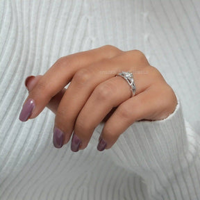 [In finger side view of round cut moissanite ring made of white gold]-[Golden Bird Jewels]