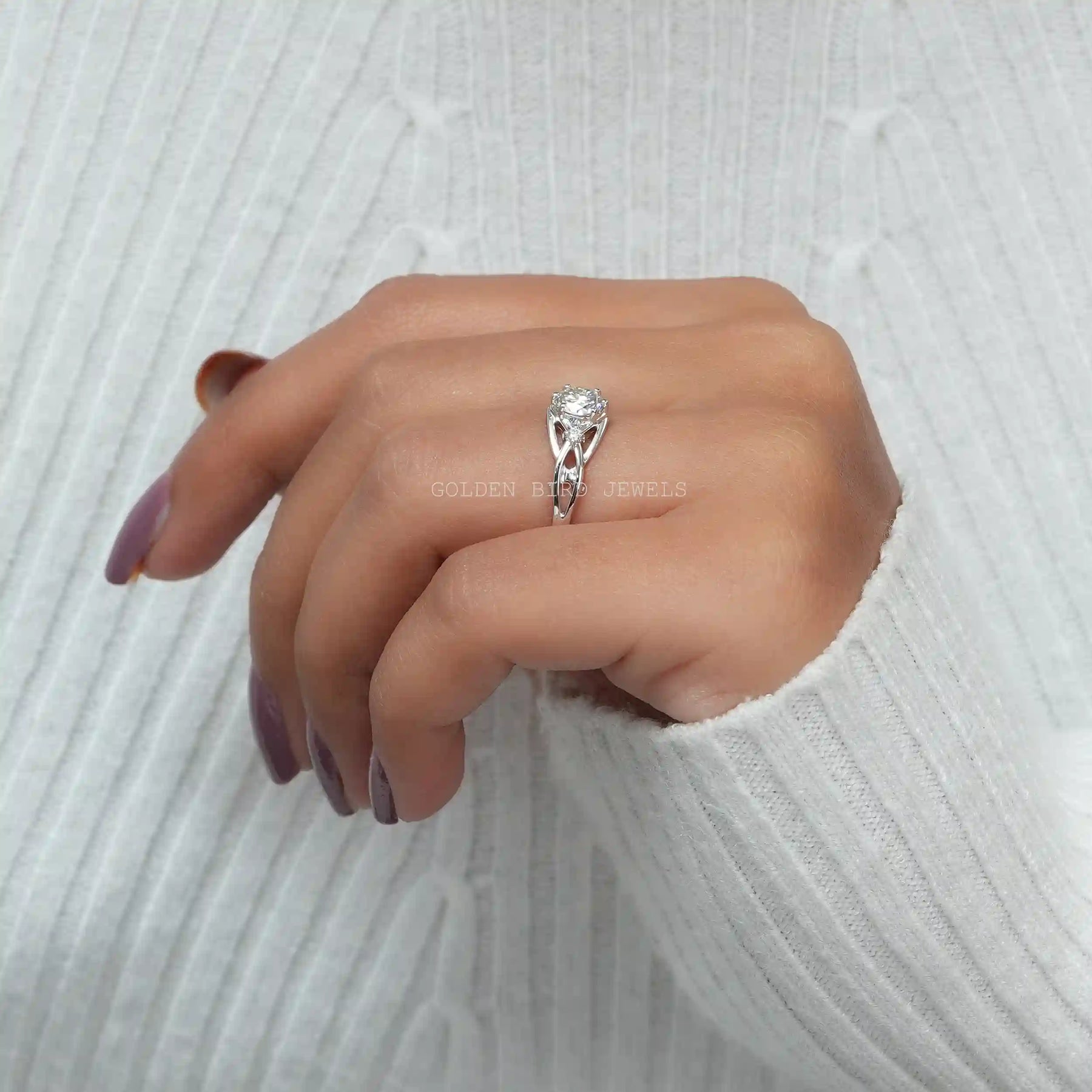[in finger side view of moissanite anniversary ring in 14k white gold]-[Golden Bird Jewels]