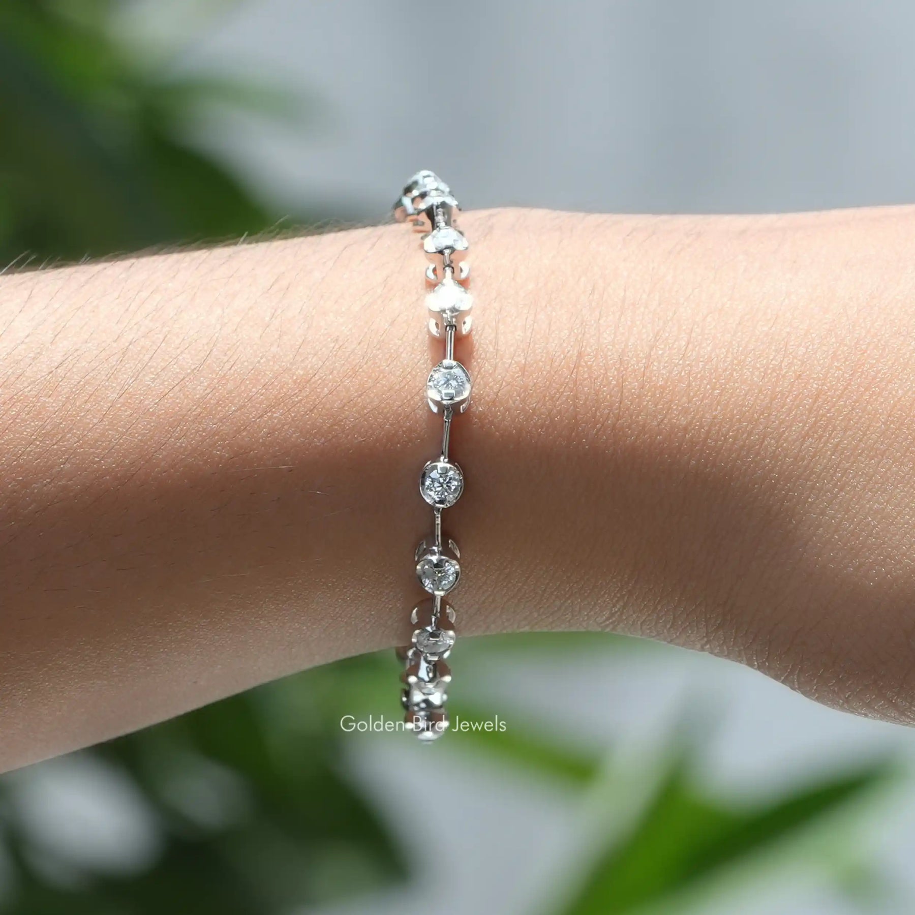 [This moissanite bangle bracelet made of round cut stones]-[Golden Bird Jewels]