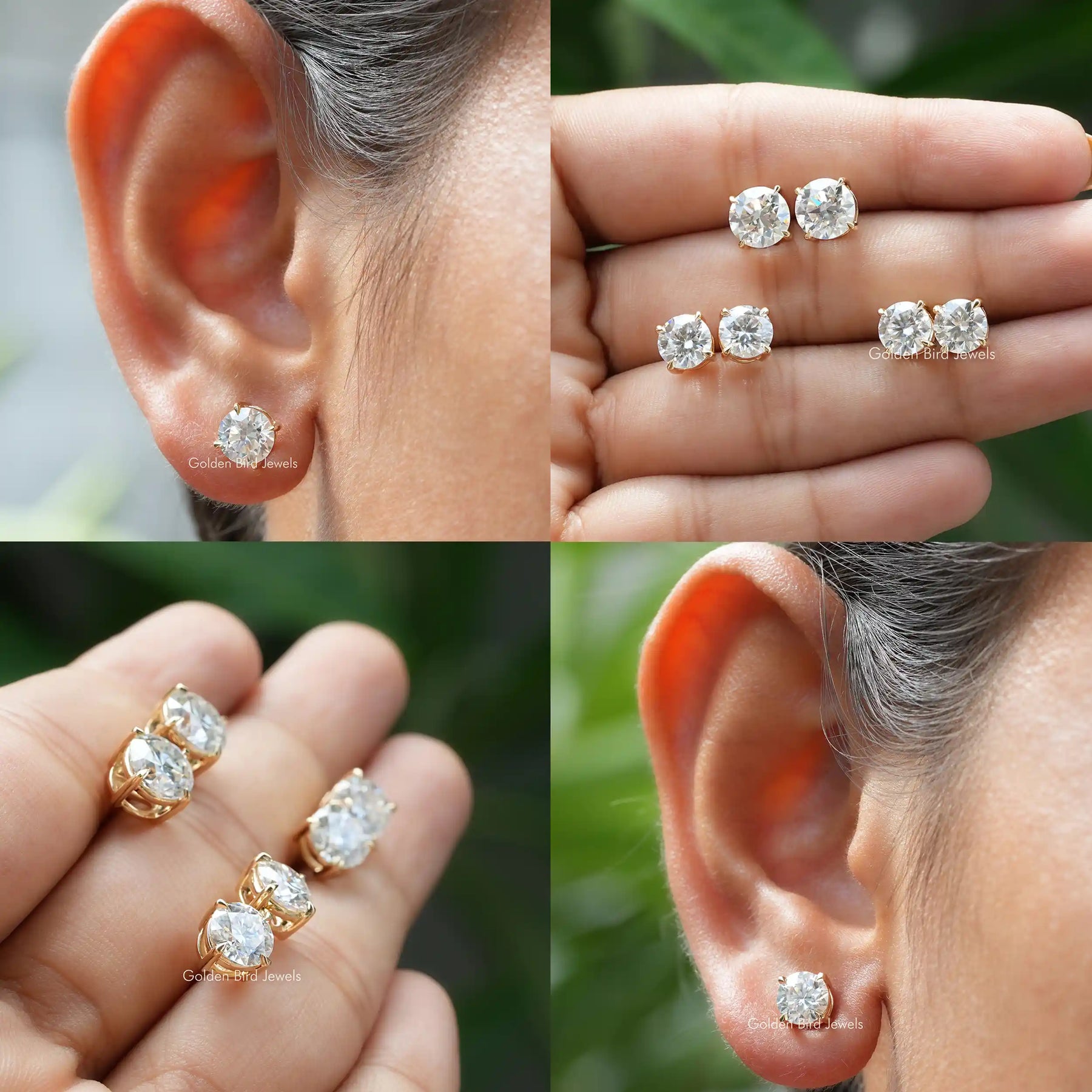 [Collage of moissanite earrings made of 14k yellow gold]-[Golden Bird Jewels]