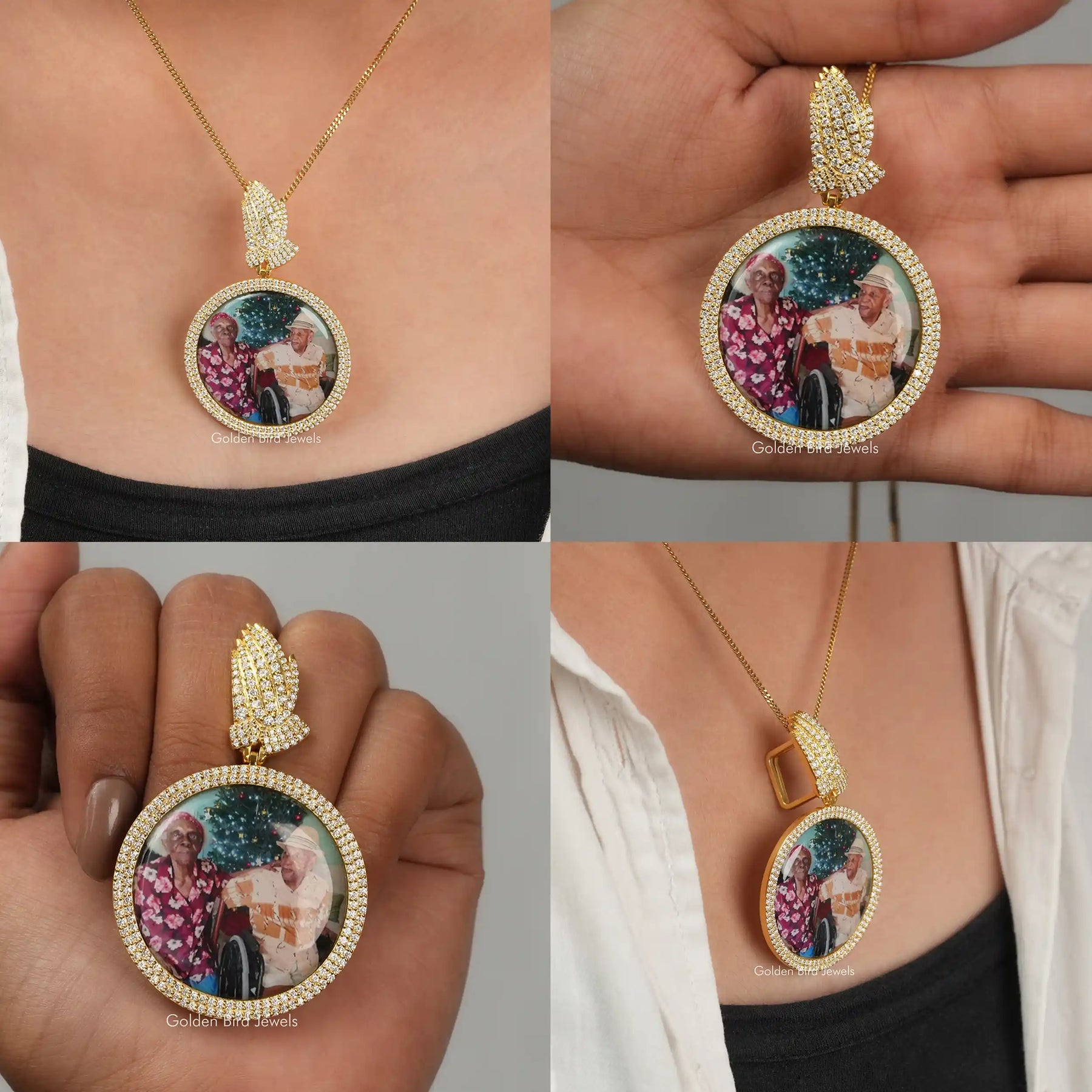 [Collage of moissanite round cut customize photo pendant]-[Golden Bird Jewels]