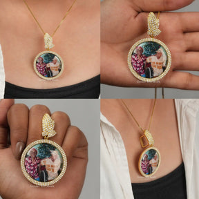 Front back side and close view of round cut photo pendant 