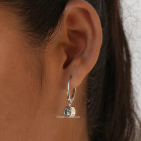 [In ear side view of moissanite round cut dangle earrings]-[Golden Bird Jewels]