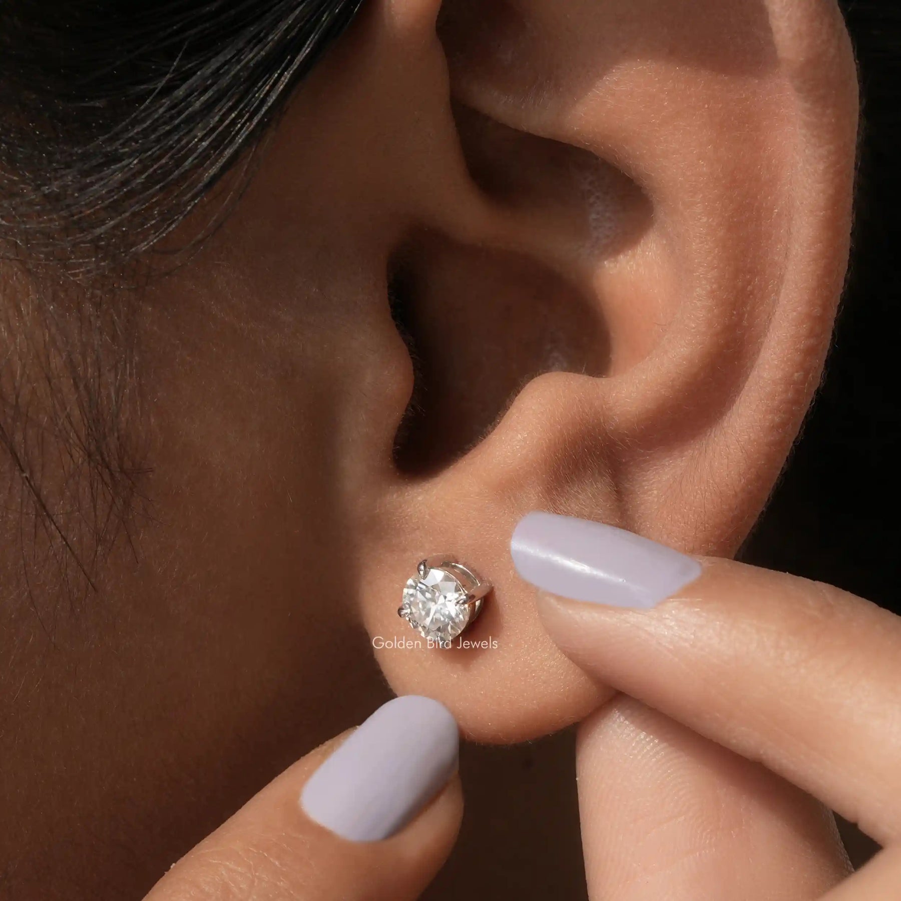 [This round cut moissanite earrings set in four prong setting]-[Golden Bird Jewels]