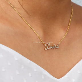 [In neck front view of round cut letter personalized nameplate pendant]-[Golden Bird Jewels]