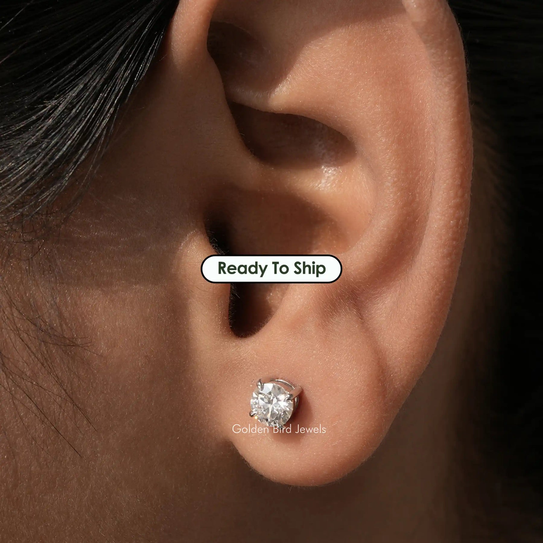 [In ear front view of moissanite round cut stud earrings]-[Golden Bird Jewels]