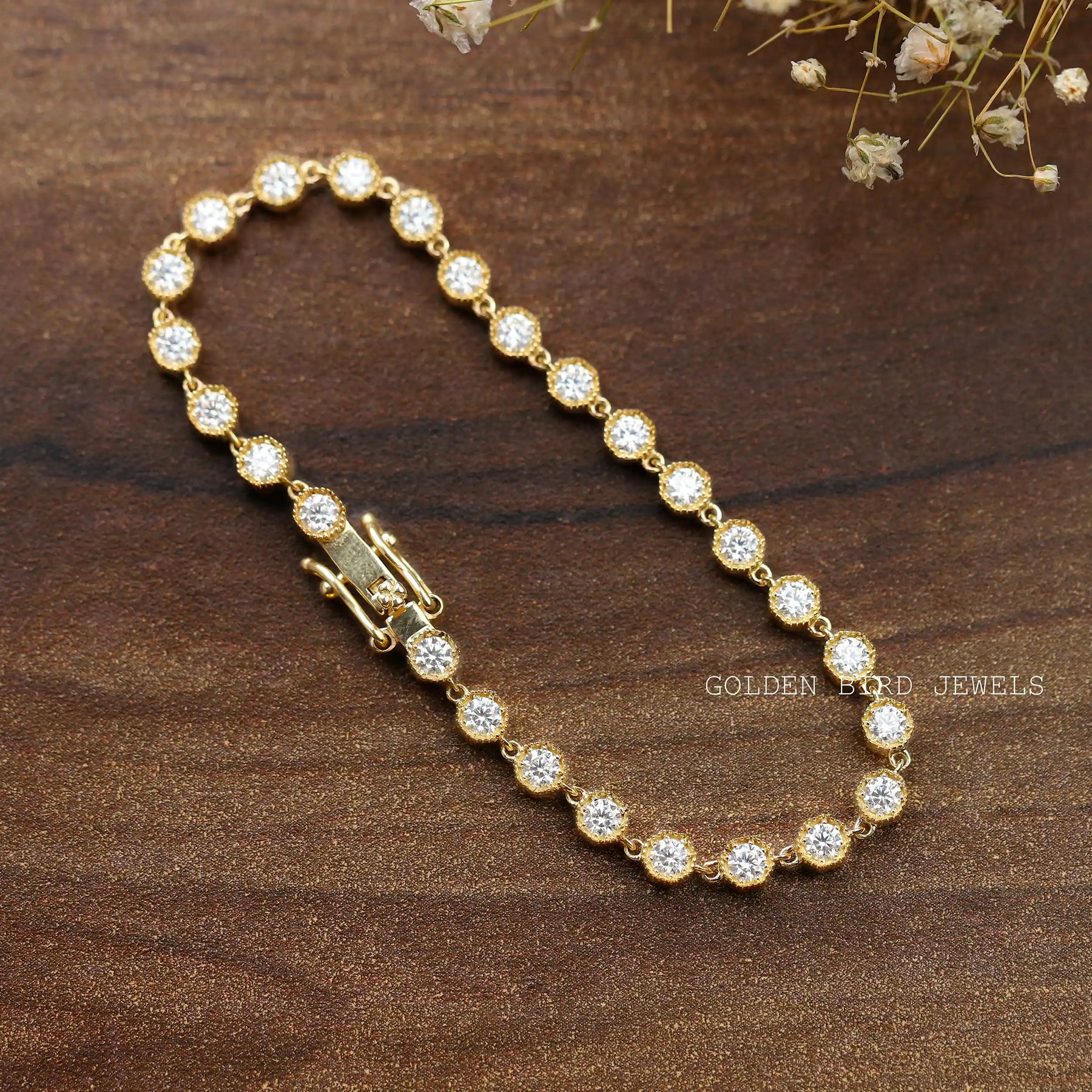 [This moissanite bracelet made of vvs clarity and round cut colorless stones]-[Golden Bird Jewels]