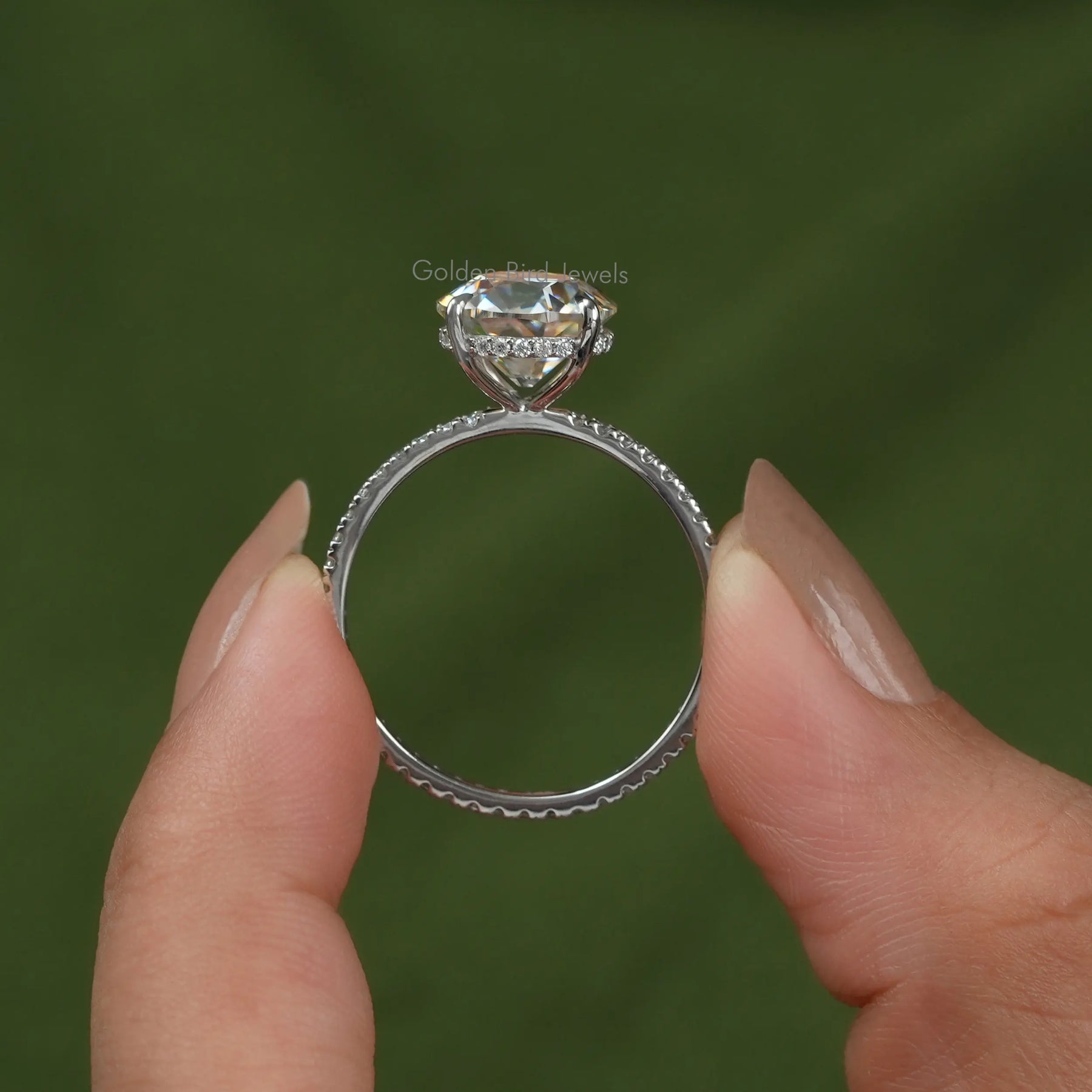 [This moissanite engagement ring set in hidden halo design]-[Golden Bird Jewels]