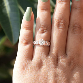 [In finger front view of round wedding ring crafted with side ound cut stones]-[Golden Bird Jewels]