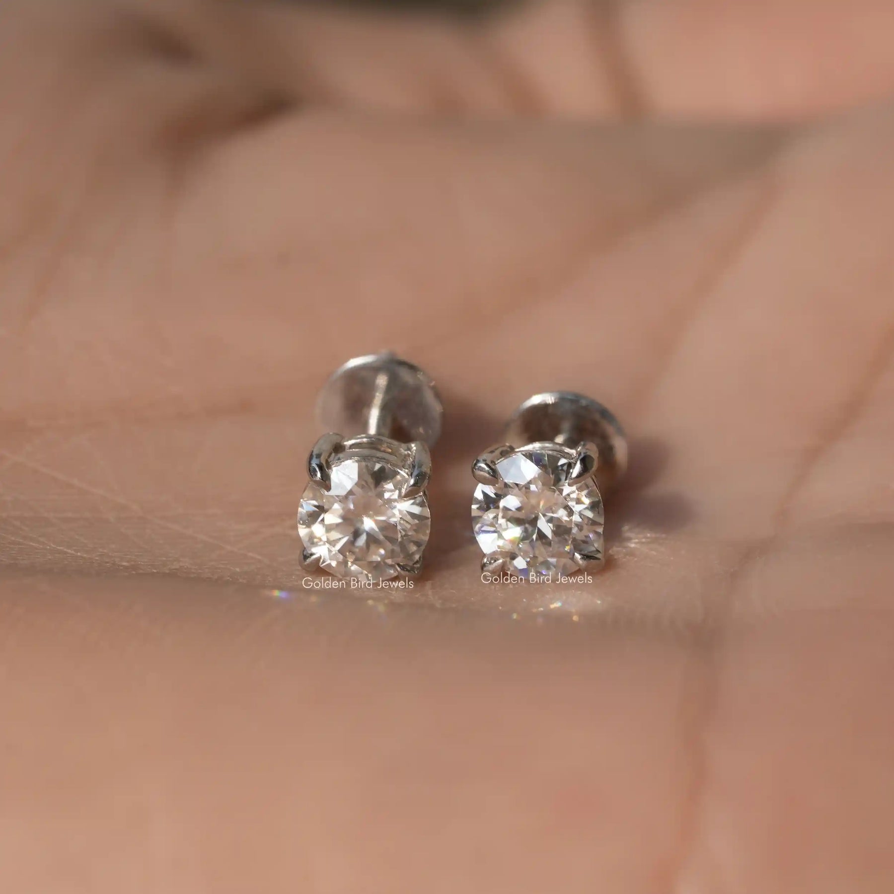 [Front view of white gold round cut moissanite earrings]-[Golden Bird Jewels]
