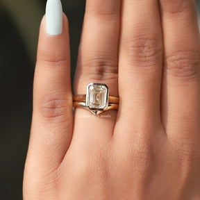 [In finger front view of emerald cut moissanite ring crafted with vvs clarity]-[Golden Bird Jewels]