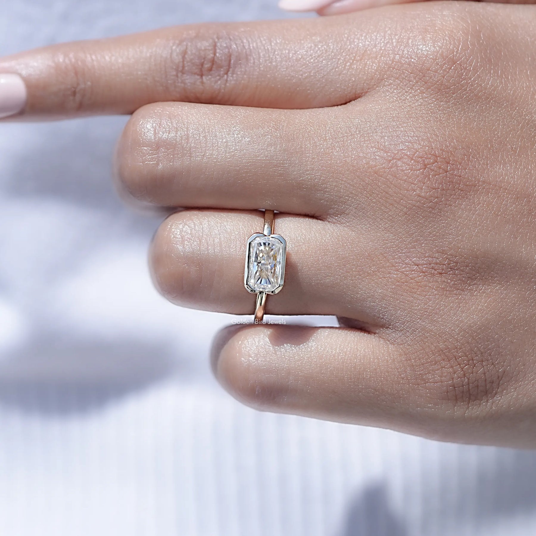 Half Bezel Radiant Cut Moissanite Solitaire Ring