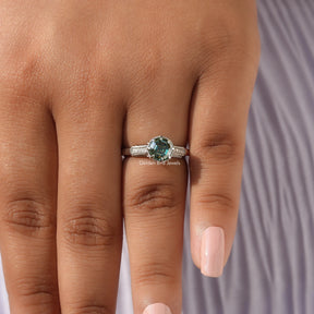 Detailed View Of Moissanite Round And Octagon Cut Accent Ring In White Gold