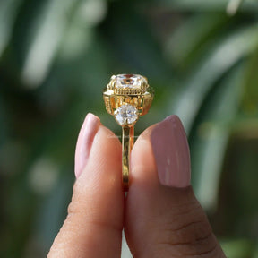 [Side view of old mine cushion cut moissanite ring made of side round cut stones]-[Golden Bird Jewels]