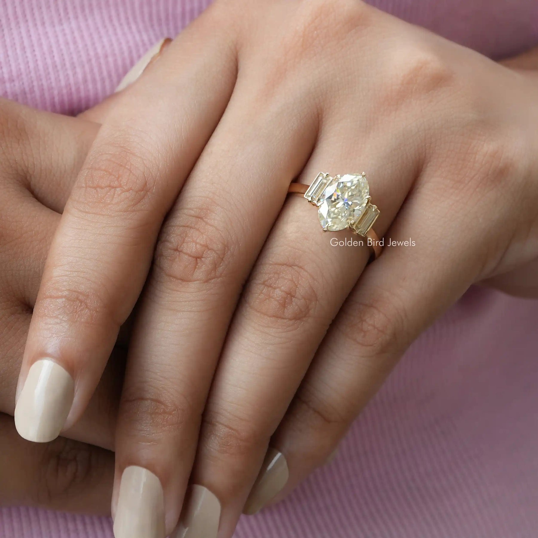 [In Finger Front View Of Off-White Moissanite 3-Stone Engagement Ring]-[Golden Bird Jewels]