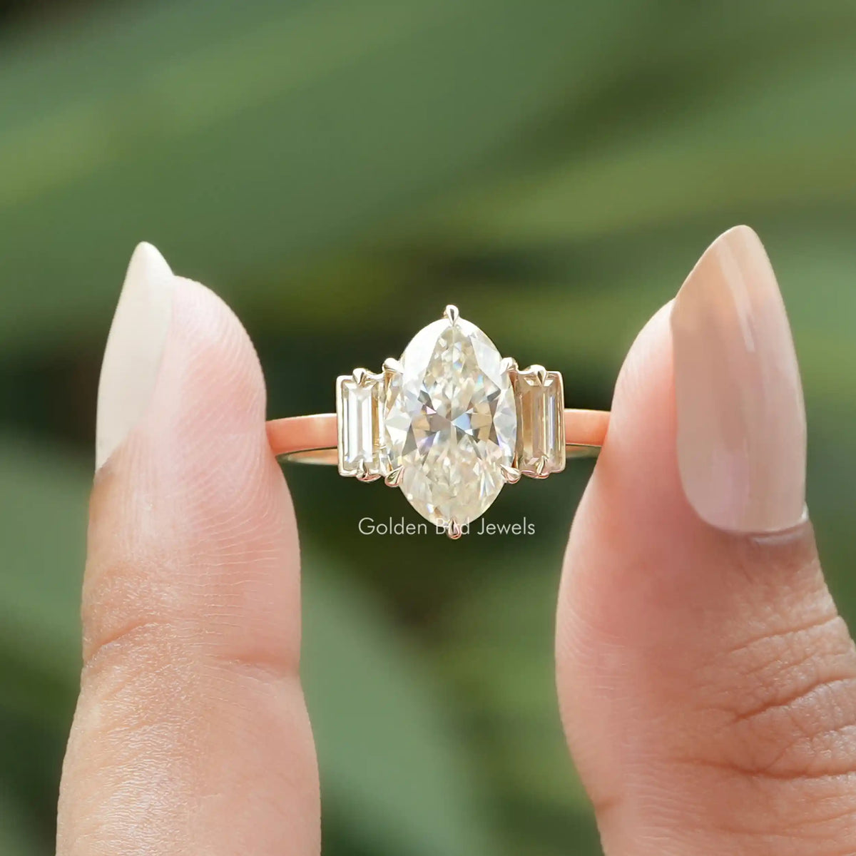 [Off White Moval Cut Three Stone Engagement Ring In 14K Yellow Gold]-[Golden Bird Jewels]