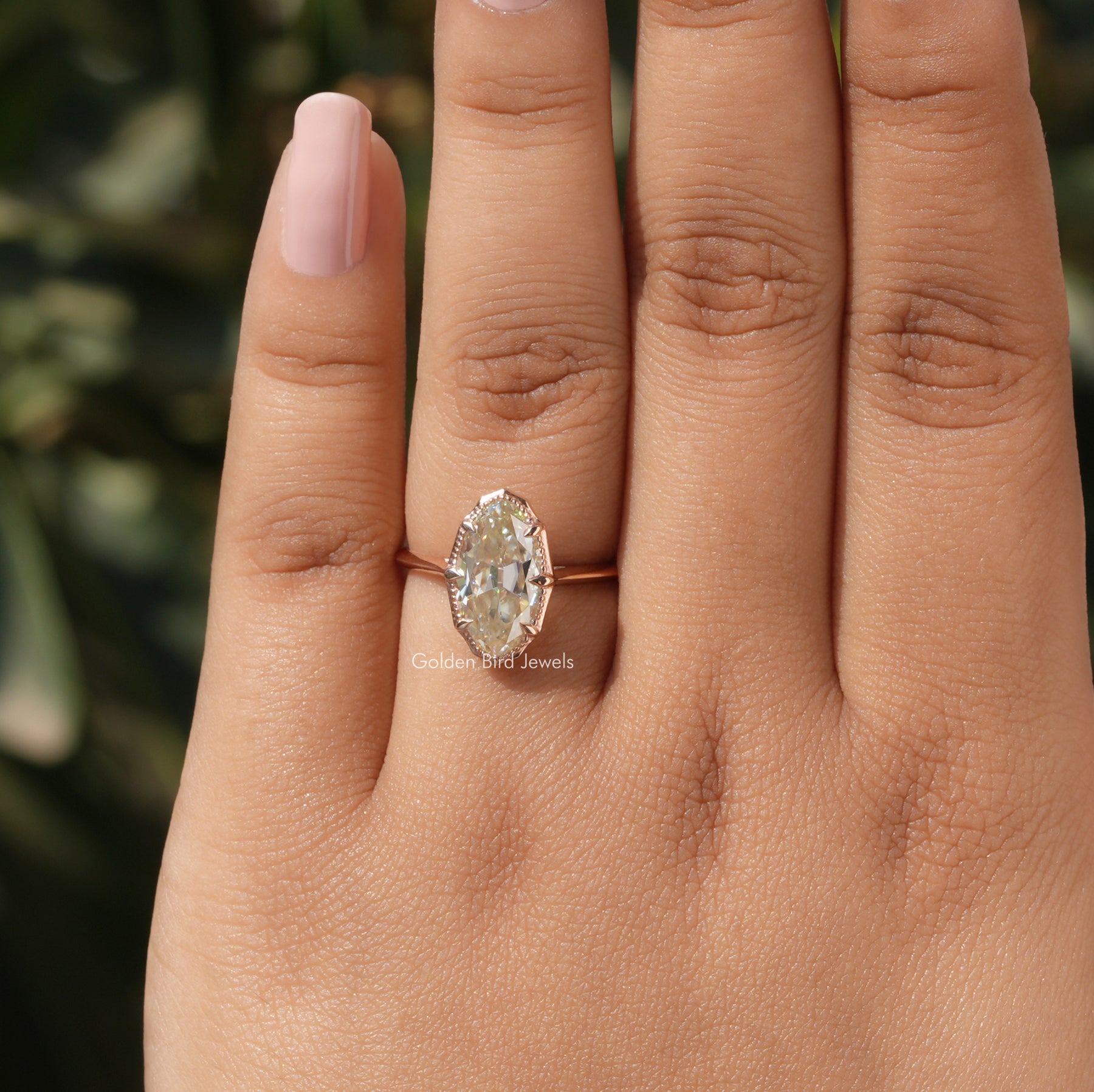 [In finger front view of moval cut solitaire ring made of VS clarity]-[Golden Bird Jewels]