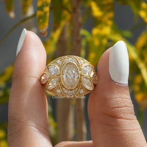 [Yellow Gold Old Mine Moval Cut Moissanite Ring]-[Golden Bird Jewels]