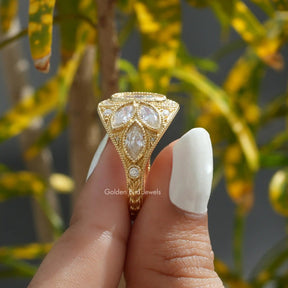 [Yellow Gold Old Mine Moval Cut Moissanite Ring]-[Golden Bird Jewels]
