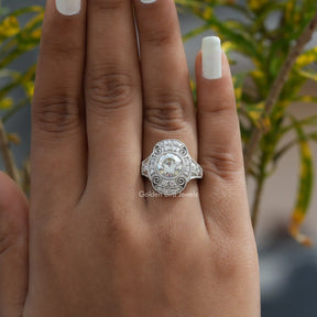 [Moissanite OEC Round Cut Art Deco Engagement Ring]-[Golden Bird Jewels]