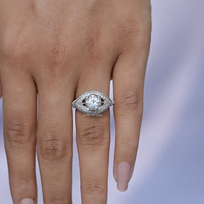 Finger View of Round Art Deco moissanite ring in white gold 