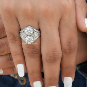 [14K White Gold OEC Round Cut Moissanite Vintage Engagement Ring]-[Golden Bird Jewels]