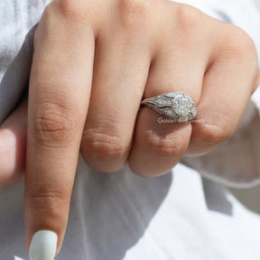 [White Gold OEC Round Cut Moissanite Engagement Ring]-[Golden Bird Jewels]