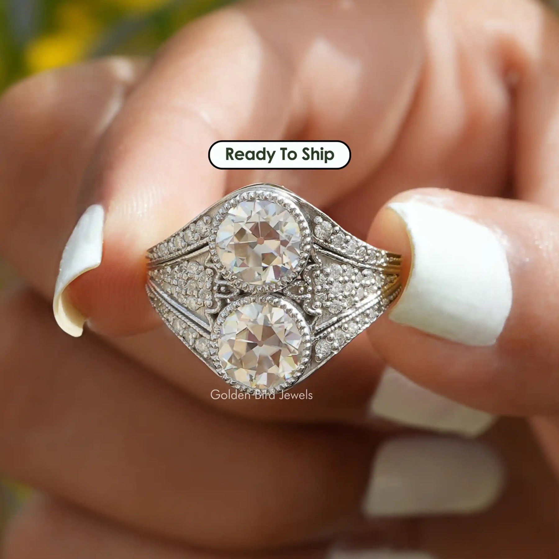 [Moissanite OEC Round Cut Moissanite Vintage Engagement Ring]-[Golden Bird Jewels]